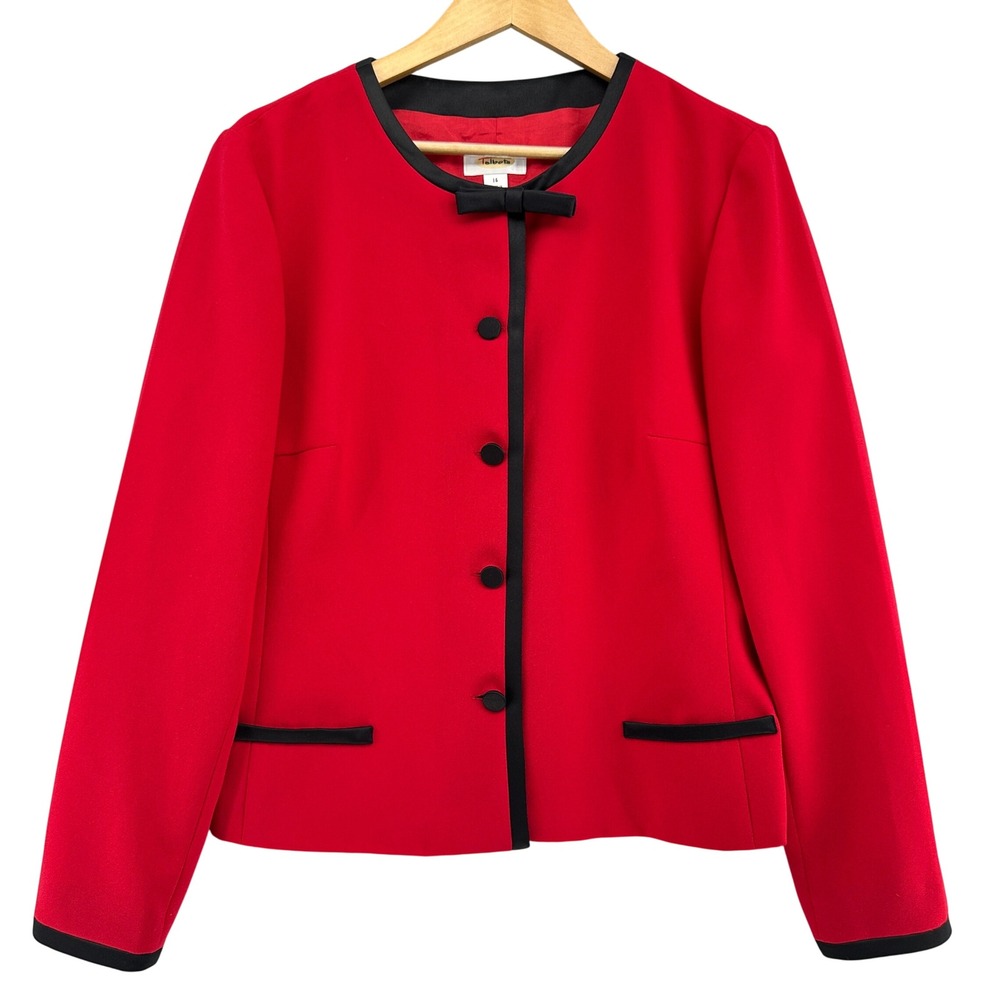 VTG Talbots Blazer Jacket Red Black Contrast Trim Bow Accent Career Women 14 90s